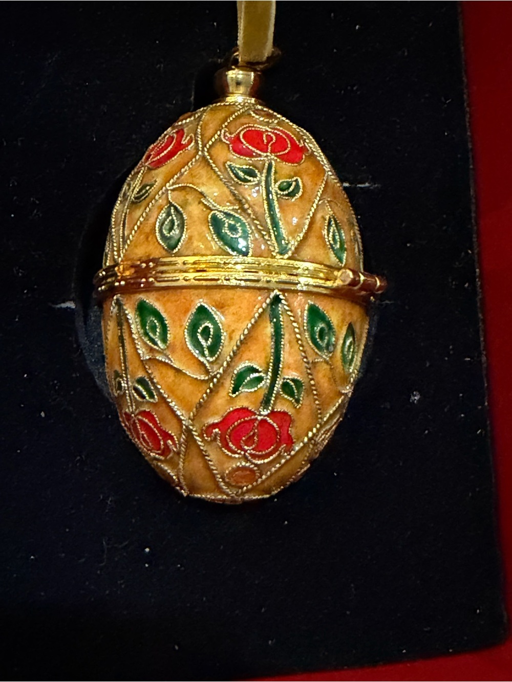 Gold-Tone Enamel Egg Pendant with Red Rose & Green Leaf Motif Hanging Ornament